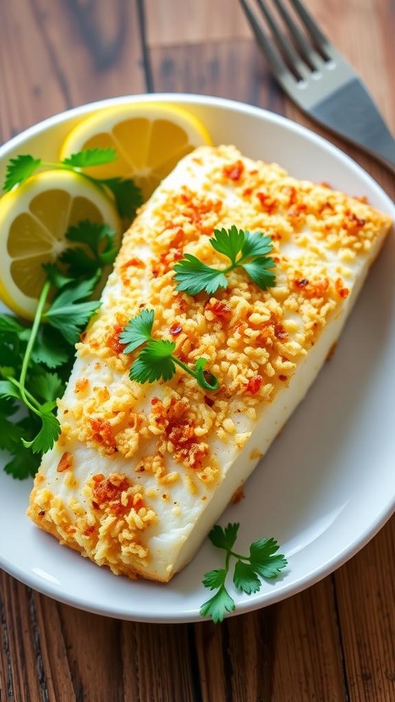 Garlic Parmesan Crusted Mahi Mahi filet on a plate, garnished with parsley and lemon wedges.